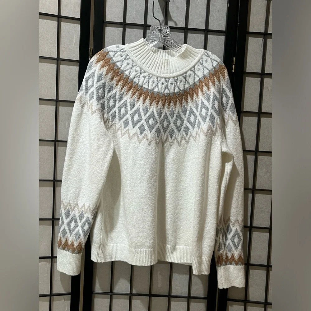 NORT POLE Cream Nordic Yoke Sweater with Gray & Tan Diamond Pattern WOMEN SZ XL